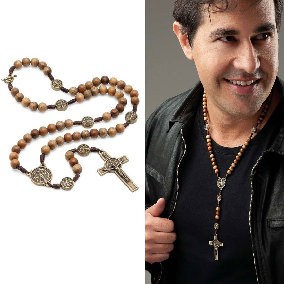 Terço Colar São Bento Madeira e Metal Ouro Velho